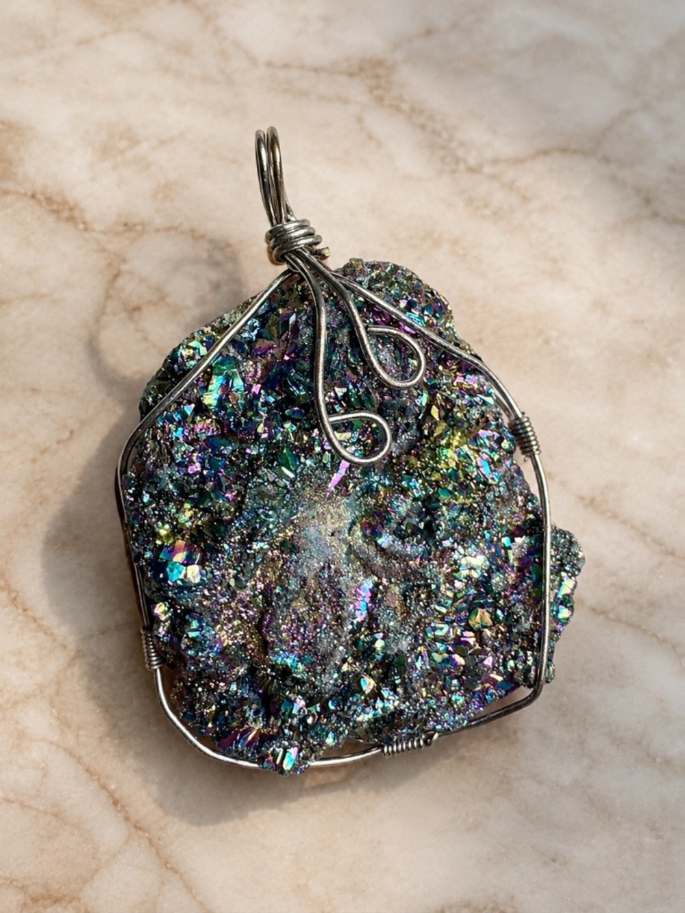 Iridescent Druzy Wire-Wrapped Pendant Necklace